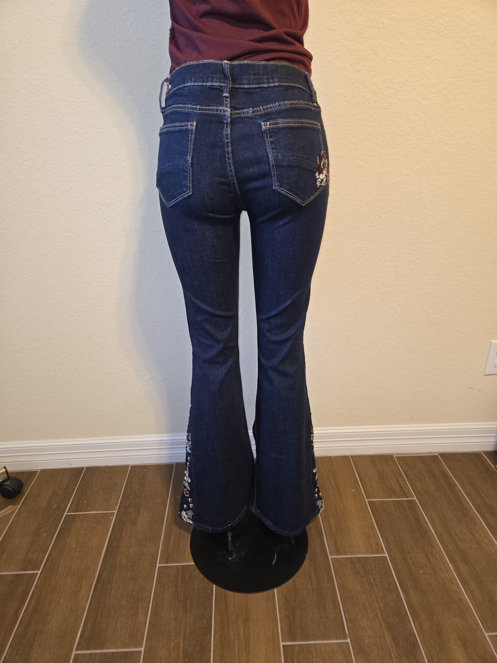 DRIFTWOOD Dark Blue Flare Jeans with Embroidered Panels - Picture 2 of 5